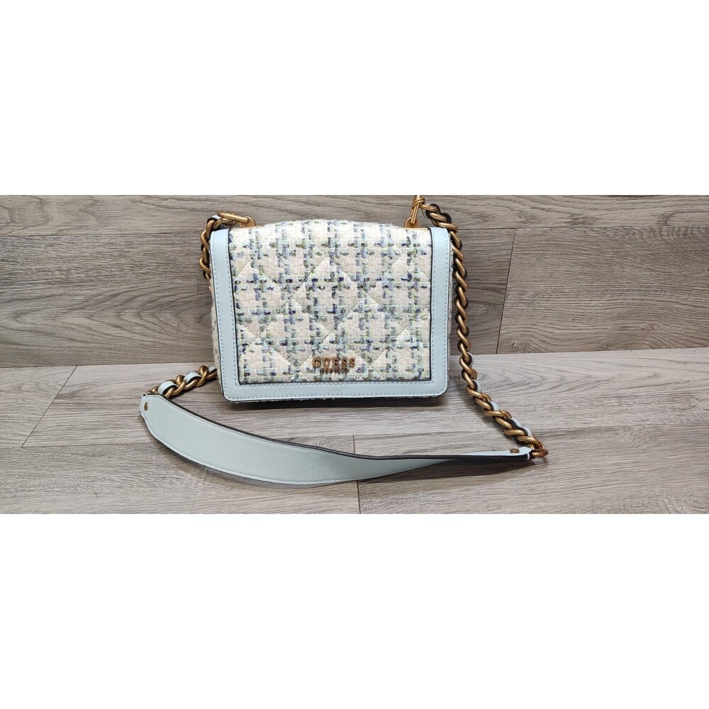 GUESS Tweed Crossbody Bag Light Blue Quilted Flap Shoulder Purse Gold Chain